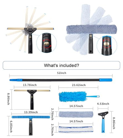 Swivel Squeegee Kit with 4 Extension Poles,Glass Scraper, Bendable Duster, 2 Window Scrubber Cloth for Glass, Car, Floor, Home,Garden - color: Black