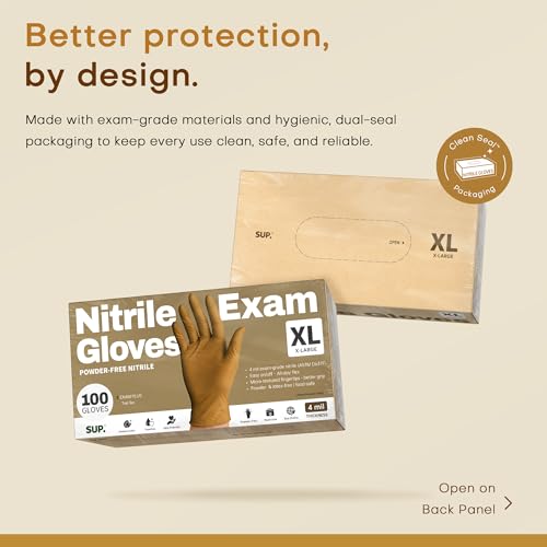 SUP Powder-Free Nitrile Exam Gloves, 100/1000 Ct Food Safe Latex-Free Disposable Glove Medical Cooking Cleaning Food Prep Tan - color: 100 X-large (Trail Tan)