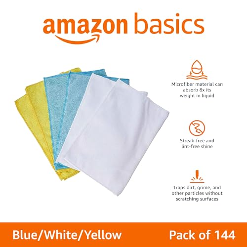 Amazon Basics Microfiber Cleaning Cloths for Cars, Non-Abrasive, Highly Absorbent, Lint and Scratch-Free, Reusable and Washable, Car Detailing Towels, 16" x 12", Blue/White/Yellow, 144-Pack - color: Blue/White/Yellow, size: 144-Pack