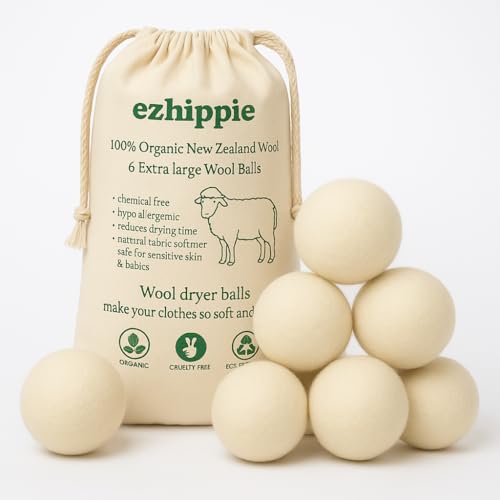 Ezhippie Quality Wool Dryer Balls - 6 XL Pack - 1000+ Loads - Pure Organic Wool - Reusable Natural Fabric Softener Perfect with Essential Oils, Reduce Clothing Static and Wrinkles - color: Six Plain Balls