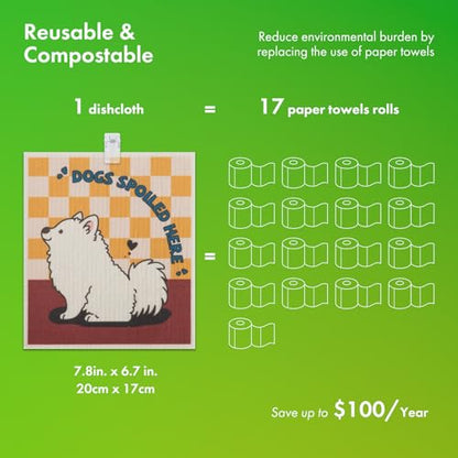 Swedish Dishcloths for Kitchen, 6 Pack Cute Dog Swedish Dish Towels with Clips, Reusable Paper Towels Washable Non-Scratch Super Absorbent Cellulose Sponge Cloths, Biodegradable No Odor - color: Cute Dog