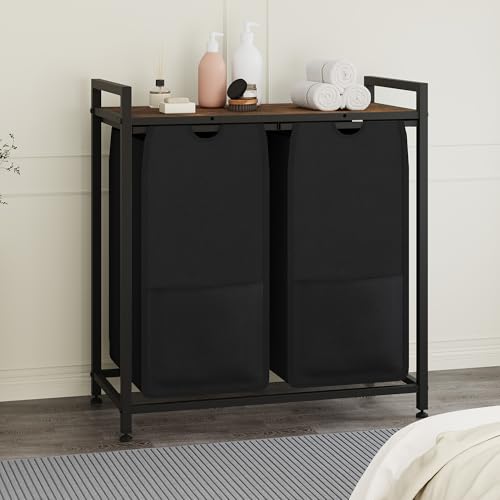 Laundry Sorter, 2 Section, Black, 26.8x13x28.5 Inch - size: 2 Bags-97L / Rustic Brown + Black