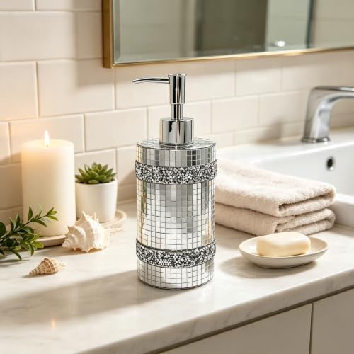 Silver Soap Dispenser，Mosaic Glass Decoration, 12oz Refillable - size: Soap Dispenser