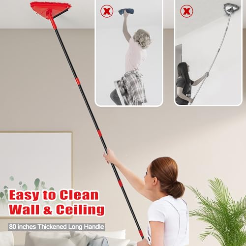 NEWE Wall Mop Cleaner, 80 inches Long Handle, 180° Folding Ceiling Cleaning Tool with Squeegee for Washing Painted Walls, Triangle Baseboard Scrubber with 3 Chenille Duster and 3 Microfiber Pads (Red) - color: Red