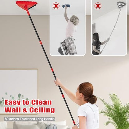NEWE Wall Mop Cleaner, 80 inches Long Handle, 180° Folding Ceiling Cleaning Tool with Squeegee for Washing Painted Walls, Triangle Baseboard Scrubber with 3 Chenille Duster and 3 Microfiber Pads (Red) - color: Red