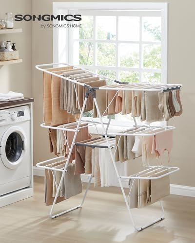 SONGMICS Clothes Drying Rack, Foldable 3-Level Laundry Rack, Free-Standing Large Drying Rack, with Height-Adjustable Wings, 39 Drying Rails, Sock Clips, White and Gray ULLR054W01 - color: White, size: 3 Tiers（21.9"D x 49.8"W x 63"H)