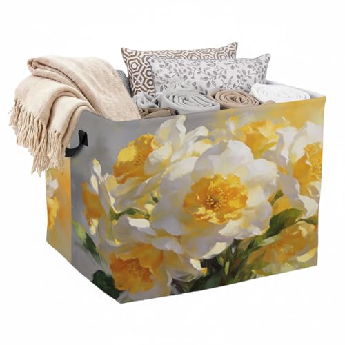 Yellow Watercolor Floral Foldable Laundry Basket Hamper with Handles, 56L Large Capacity Toy Storage Organizer, Collapsible Clothes Hamper for Home Decor and Bedroom Organization. - color: Yellow Watercolor Floral