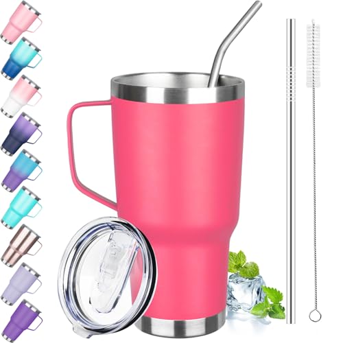 30 oz Tumbler with Handle, Stainless Steel Insulated Tumbler with Lid and Straw, Double Wall Vacuum Coffee Mug Tumbler, Insulated Coffee Thermal Cup for Cold and Hot (Peach Pink) - color: Peach Pink, size: 30 Ounces
