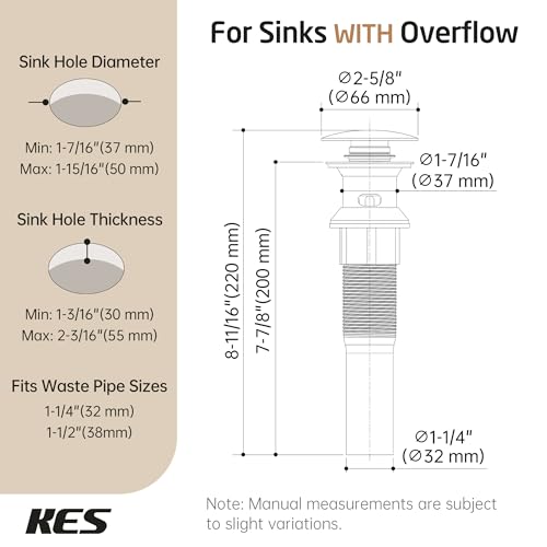 KES Bathroom Sink Drain Stopper with Overflow, Pop Up Drain with Detachable Hair Catcher for Lavatory Vanity Vessel Sink, Brushed Nickel 2 Pack, All Metal Rustproof 304 Stainless Steel, S2013A-BN-P2 - color: Brushed Nickel, style: for sink WITH overflow,2