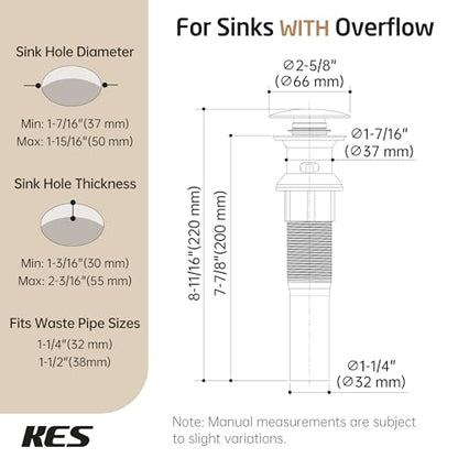 KES All Metal Bathroom Sink Drain with Strainer Basket Hair Catcher Anti Clog Pop Up Drain Stopper for Vanity Vessel Sink with Overflow, Rustproof 18/8 Stainless Steel Brushed Nickel S2013A-BN - color: Brushed Nickel, style: for sink WITH overflow,1-pack