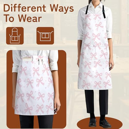 Cooking Aprons for Men and Women,Adjustable Bib Chef Apron with 2 Pockets, Soft and Durability Kitchen Apron - color: Cute Pink Bow Heart