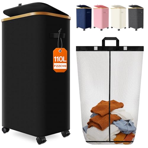 Laundry Basket with Wheels, 110L Large Rolling Laundry Hamper for Dorm - color: Black, size: 110L