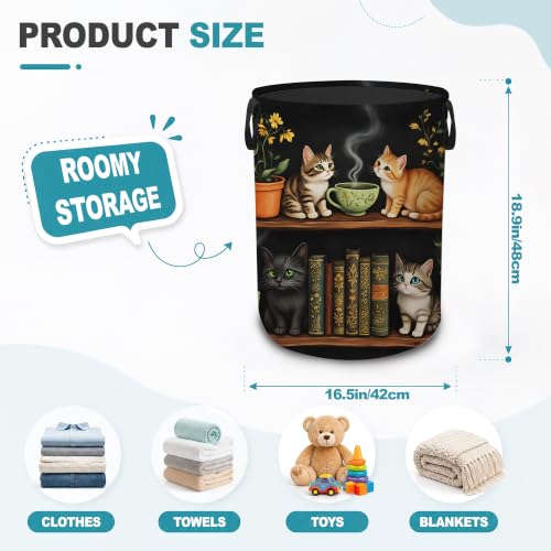 Laundry Basket,Cat Bookshelf Foldable Clothes Hamper with Handles,Library Floral Plants Waterproof Oxford Cloth Storage Organizer for Bedroom Bathroom College Dorm,16" x 20" - color: Cat Bookshelf,Library Floral Plants