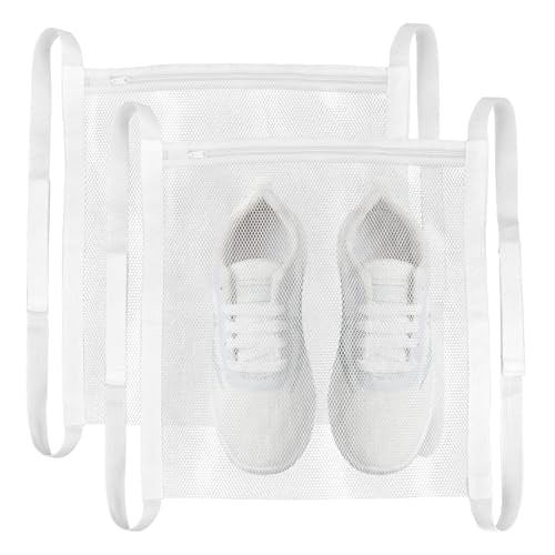 2 Pack Sneaker Dryer Bag 15.7x15.7 Inch Dry Net Bag for Dryer with Zipper and Strap for Shoes, White Large HoneyComber Mesh Bags for Washing Machine