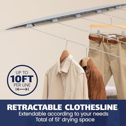 Strata 5-Line Retractable Indoor Clothesline, Adds 51 Feet of Drying Space, Wall Mounted Clothes Line, Easy to Install Retractable Laundry Line, Adjustable Indoor Clothesline for Air Drying Clothes