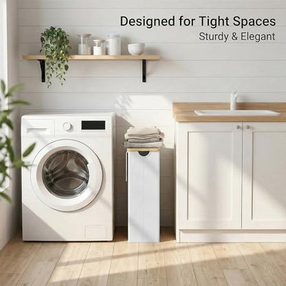 efluky Slim Laundry Basket with Lid, Narrow Laundry Hamper with Removable Bag, Skinny Dirty Clothes Basket with Bamboo Handles for Bathroom, Bedroom & Laundry Room, 65L White - color: White, size: 65L