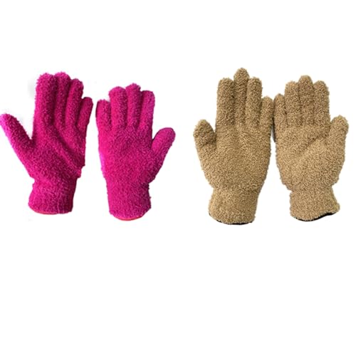 TopHomer Microfiber Gloves House Cleaning Auto Dusting Gloves Coral Fleece for Dusting Furniture and Small Objects - color: Brown+rose Red