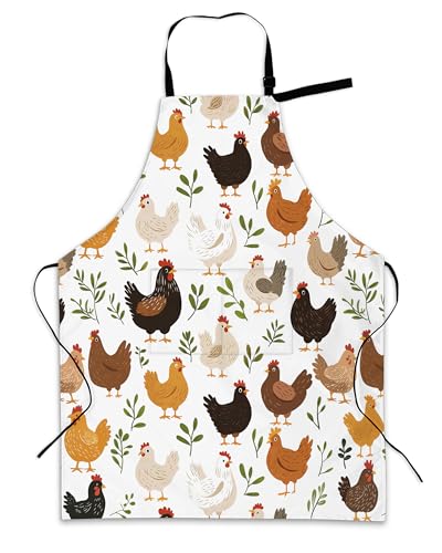 Cooking Aprons for Men and Women,Adjustable Bib Chef Apron with 2 Pockets, Soft and Durability Kitchen Apron - color: Rooster Hen Chick Meadow
