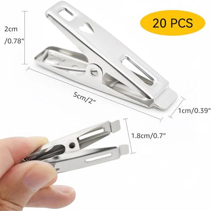 20 Pack Stainless Steel Clothes Pins, Heavy Duty Wire Clothespins for Hanging Laundry, Mini Metal Clips for Outdoor Use, Food Snack Bag Chip Clips, Rust-Resistant Pegs for Clotheslines