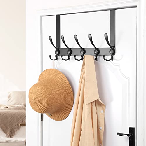 Dseap Over The Door Hook Hanger - Fits 1 3/8" to 1 3/4" Standard Doors | 5 Tri Hooks Heavy Duty Towel/Coat Rack | Door Organizer for Clothes, Jackets, Hats, Towels, Black - color: Black