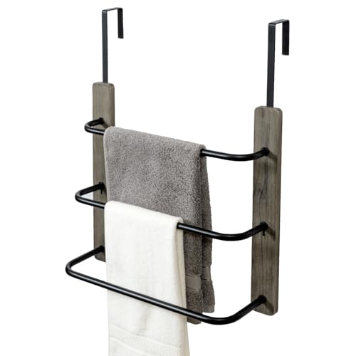 MyGift Over The Door Towel Rack for Bathroom, Vintage Gray Weathered Solid Wood 3 Tier Matte Black Metal Bars, Space Saving Hand Towel Holder, Over Shower Door Towel Drying Rack for Bath Towels - color: Vintage Gray