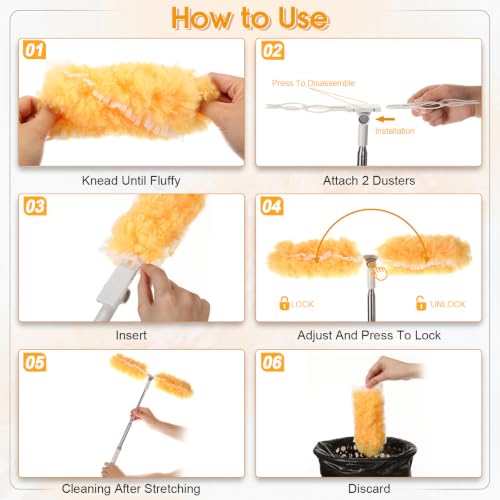 40 Pcs Heavy Duty Duster Refills with 6 ft Extendable Handle and 1 Pair of Gloves, Compatible with Swiffer 360° Disposable Microfiber Feather Dusters Kit for Cleaning Home(Orange) - color: Orange