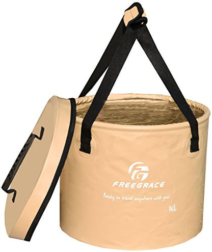 Freegrace Collapsible Water Bucket with Lid 16L Portable Camping Wash Basin - color: Khaki, size: 16L