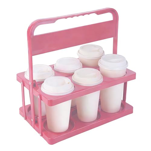 Reusable Drink Carrier with Handle for Delivery Drivers Portable Cup/Coffee Holder Accessories for Delivery, Foldable Drinks Caddy with Tray, Car Durable Plastic Festive Bottle, Vacation Container - color: Pink, size: 6 CUP