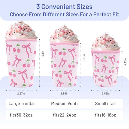 Iced Coffee Sleeve Reusable Neoprene Cup Sleeves, Cherry Bow - color: Cherry Bow