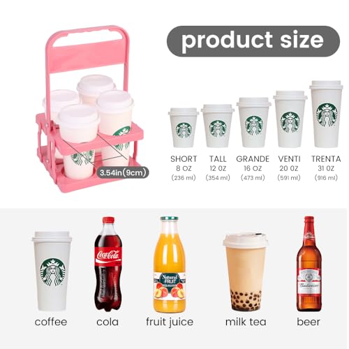 musbus Reusable Drink Carrier with Handle for Delivery Drivers, Portable Cup/Coffee Holder Accessories for Delivery, Foldable Drinks Caddy with Tray, Car Durable Plastic Festive Bottle, Vacation - color: Pink, size: 4 CUP