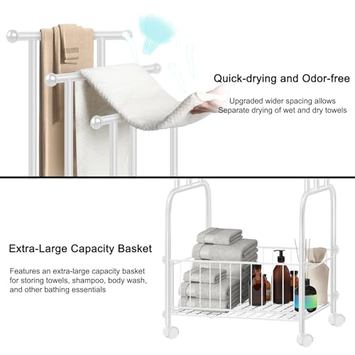 Freestanding Towel Rack for Bathroom, 3-Tier White Metal Stand with Basket