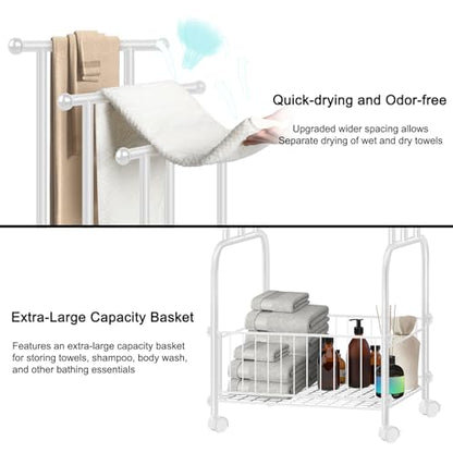 Freestanding Towel Rack for Bathroom, 3-Tier White Metal Stand with Basket