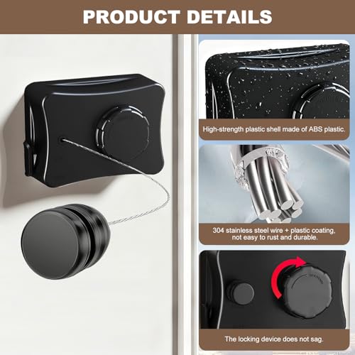 Retractable Clothesline for Indoor & Outdoor Use, Black - color: Black