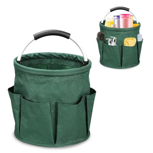 17L Portable Cleaning Bucket Organiser, 6 Pockets Foldable Cleaning Caddy with Handle Wearable Cleaning Caddy Bag for Outdoor Camping Garden Harvest Basket Home Bathroom Storage (Dark Green) - color: Dark Green