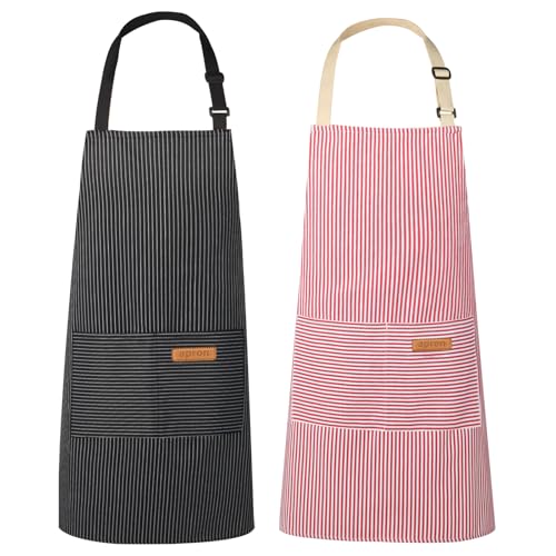 VALOME 2 Pack Kitchen Aprons with Pockets, Cooking Chef Apron for Men Women - color: Pink & Black