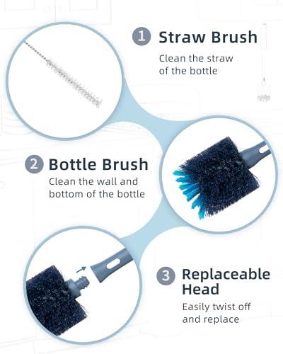 ROSEOK 2 in 1 Bottle Brush with Straw Cleaner Brush, Water Bottle Brush - color: Grayish Blue, size: 1pcs