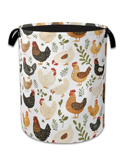 Rooster Hen Chick Laundry Basket,Foldable Waterproof Oxford Cloth Tote Bag Meadow Laundry Hamper with Handles,20.8"x16" Clothes Storage Bucket Organizer for Laundry Room, Bathroom, Bedroom - color: Rooster Hen Chick Meadow