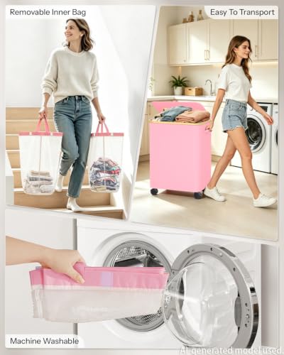 Double Laundry Basket with Wheels and Lid, 150L Clothes Hampers for Laundry - color: Pink, size: 150L