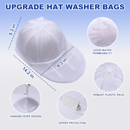 Baseball Cap Washer Frame for Washing Machine, Hat Washer Cage for Flat and Curved Hats with Mesh Laundry Bag, White PP Plastic, Fits Adult and Kids, 2 Pack