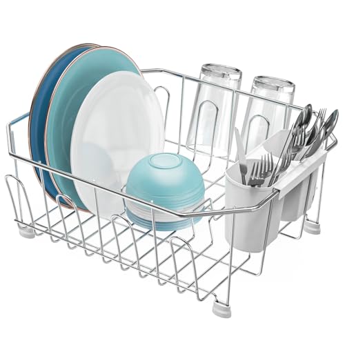 GSlife Small in Sink Dish Drying Rack - Stainless Steel for RV Kitchen - color: Silver Rack With White Utensil Holder, size: Small - 13.4" x 11.6" x 5.3"