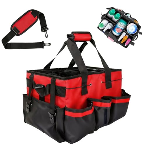 Multi - Purpose Cleaning Tool Organizer Tote Bag, Large Capacity with Adjustable Compartments, Portable Hand Strap & Adjustable Shoulder Strap for Cleaning, Gardening, Car Organization (Red) - color: Red