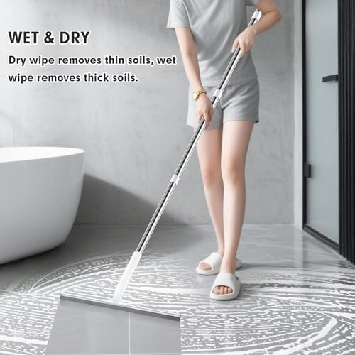 Rubber Floor Squeegee for Smooth Surface Concrete Floor, Tile Floor, Heavy Duty Garage Shower Floor Squeegee Broom for Removing Water, Commercial Scrubber Mop with Adjustable Long Handle