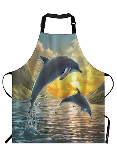 EKOBLA Dolphin Aprons Ocean Jumping Sea Beautiful Sunset Beautiful Landscape Clouds Wave Waterproof Resistant Chef Cooking Kitchen BBQ Adjustable Aprons for Women Men 27x31 Inch - color: Multi-a124