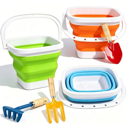 Umnodobn Collapsible Beach Bucket with Metal Shovels Set, Beach Toys Gifts for Adults, ABS Foldable Pails for Pool, Camping, Easter Party, Fishing, Summer Winter Activities 6PCS