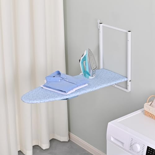 KINGBOARD Wall Mounted Ironing Board with Iron Storage, Foldable Iron Board - color: Light Blue
