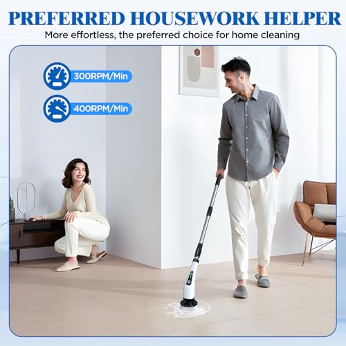 Electric Spin Scrubber, Cordless Bath Tub Power Scrubber with 8 Replaceable Drill Brush Heads, Shower Cleaning Brush with Adjustable Handle for Bathroom, Tile Floor & Car, White, (ANS-8050)