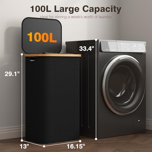 Bathola Laundry Hamper with Lid, Laundry Basket with Removable Bag, Black - color: Black, size: 100L