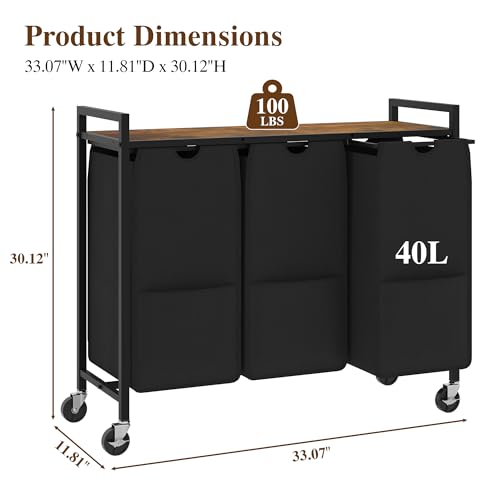 Laundry Sorter with Wheels, 3 Section, Rustic Brown Black - size: 3 Bags-120L / Rustic Brown + Black / w Wheels