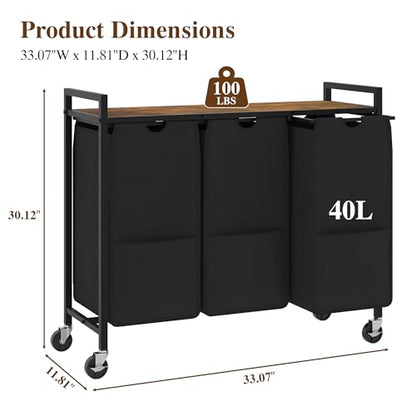 Laundry Sorter with Wheels, 3 Section, Rustic Brown Black - size: 3 Bags-120L / Rustic Brown + Black / w Wheels