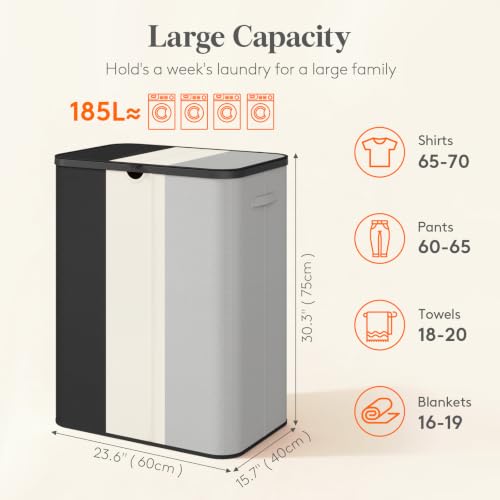 Lifewit 185L 3 Section Laundry Hamper with Lid, Black/Gray/White - color: Black & White & Gray, size: 185L